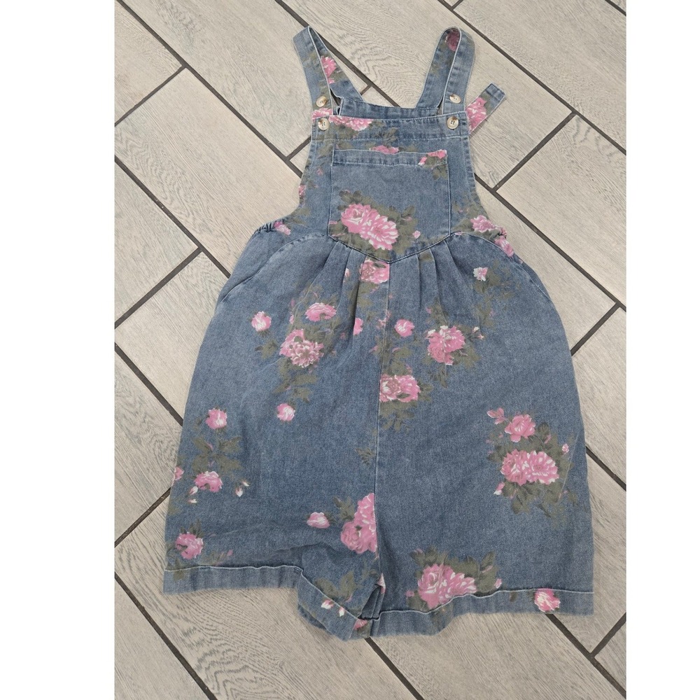 Floral Denim Shortalls Blue Pink Rose Print Overalls Romper Large NWOT